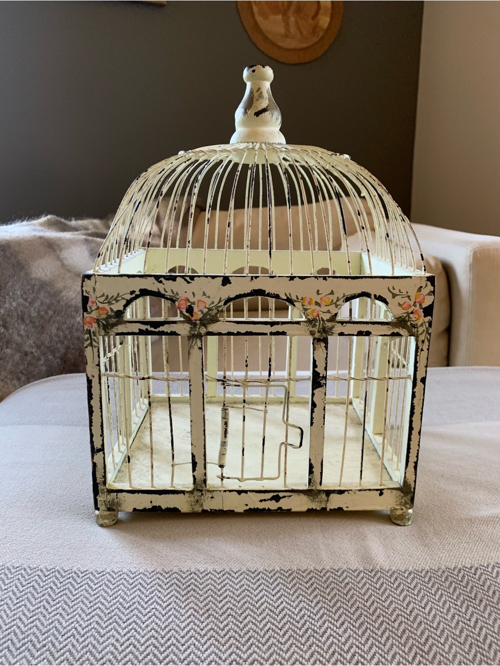 Shabby Chic Vintage Style Distressed Cream Metal Birdcage with Floral Detail